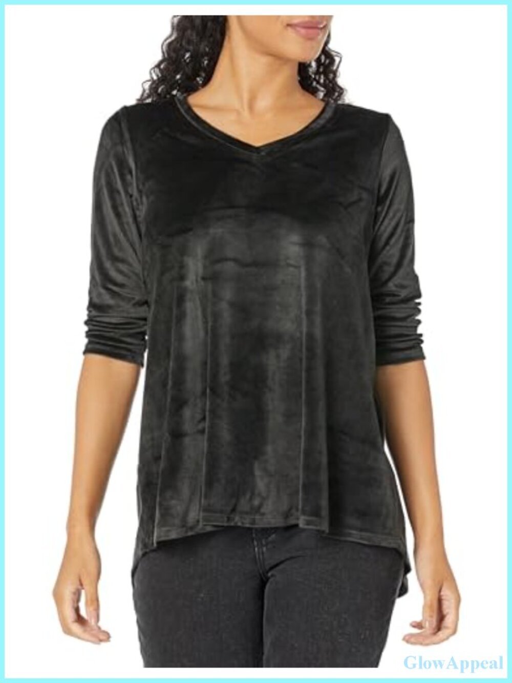 Velvet 3/4 Sleeve V-Neck High Low Tunic Tee Relaxed Fit